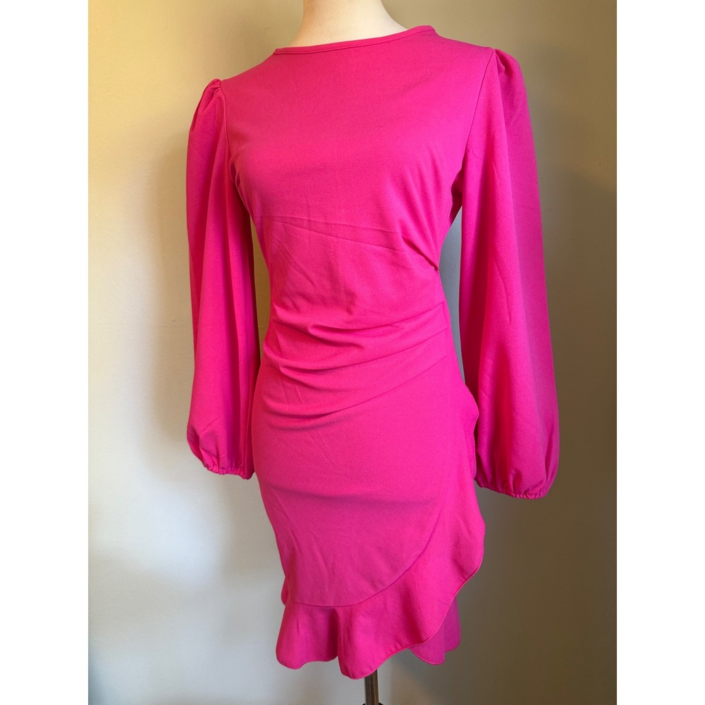 Y2K Hot Pink Puff Sleeve Ruched retro ruffle coquette Mini Dress Small NWT beach